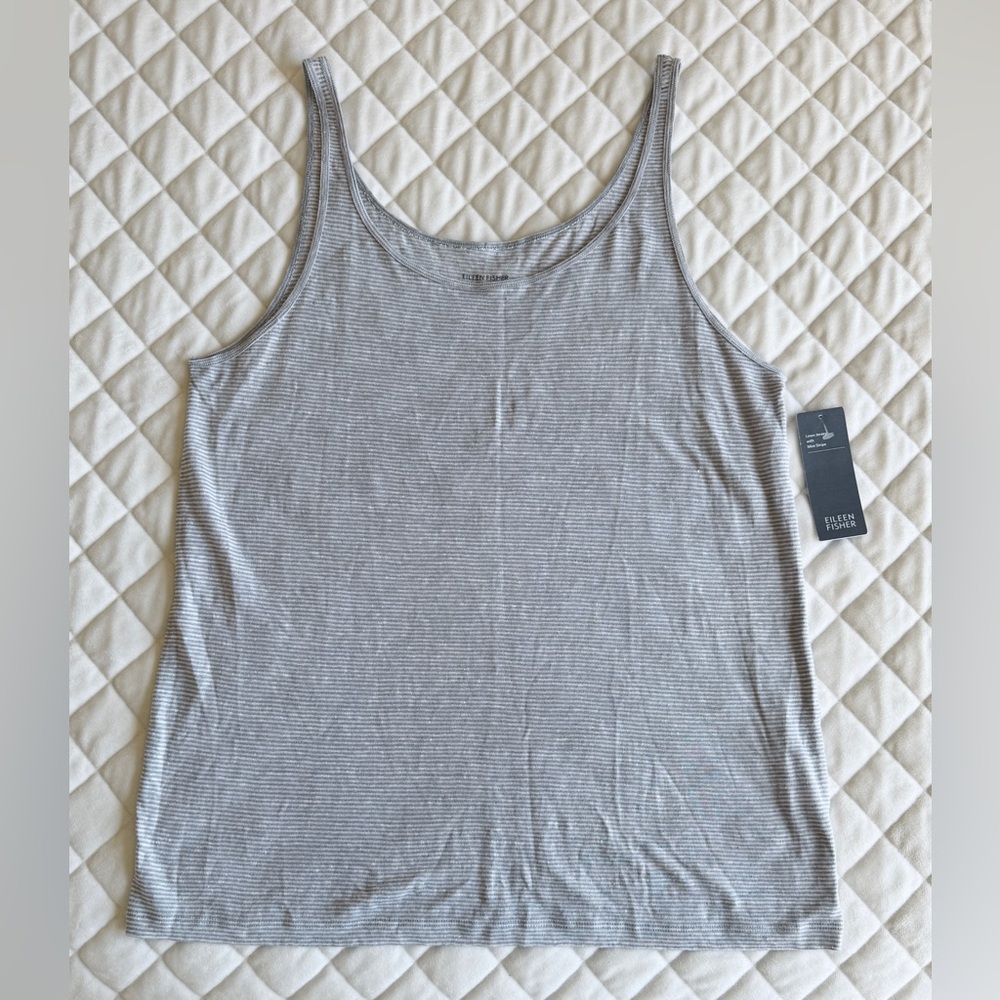 Eileen Fisher 100% Linen Striped Tank Top Gray Size XL Coastal Minimalist New!